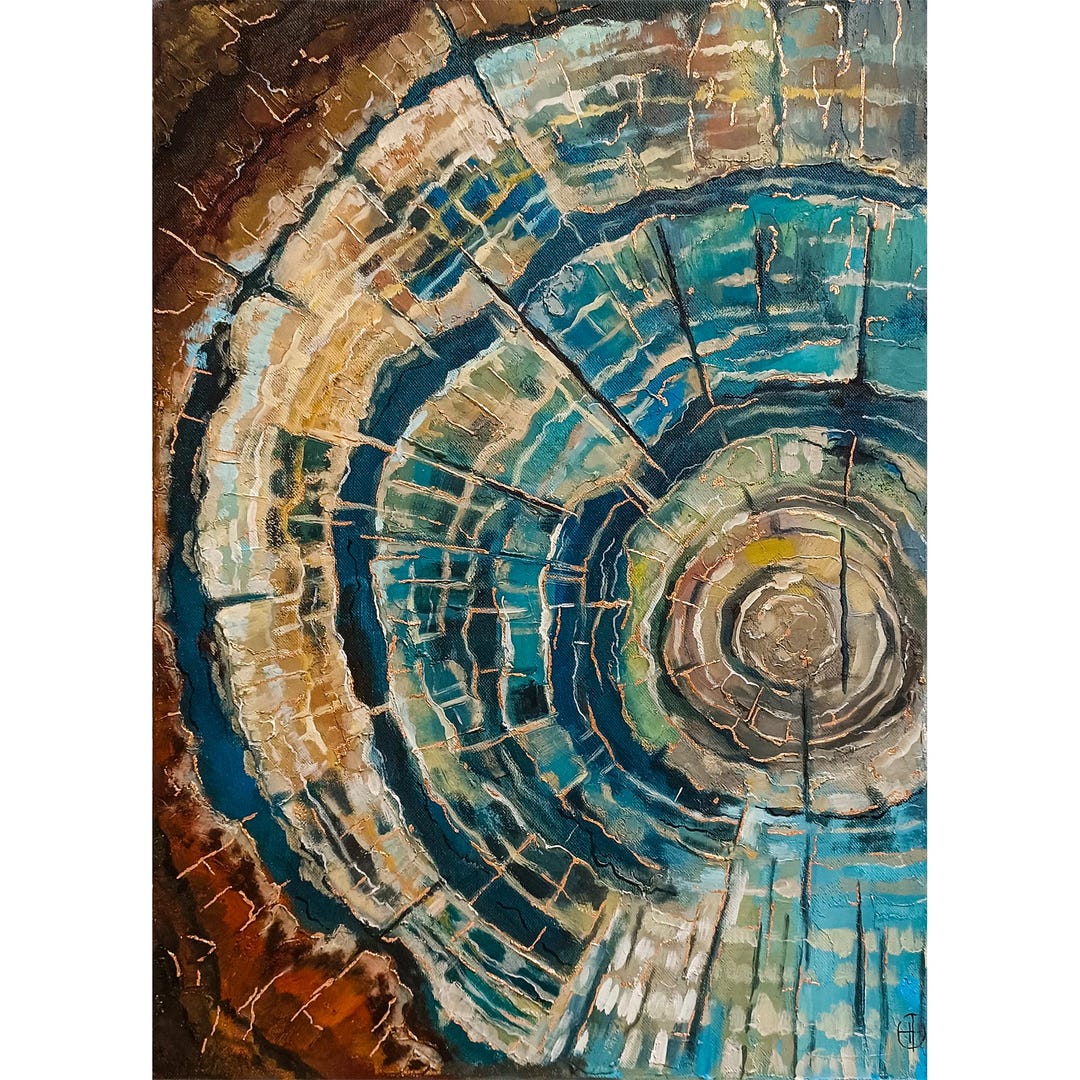 Tree Rings Painting Old Wood Slice Original Painting Abstract Textured ...