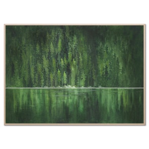 Green Lake Art Print Forest Lake Watercolor Painting Large Panoramic Landscape Evergreen Forest Poster Pine Trees Wall Art by FineArtPrintNY