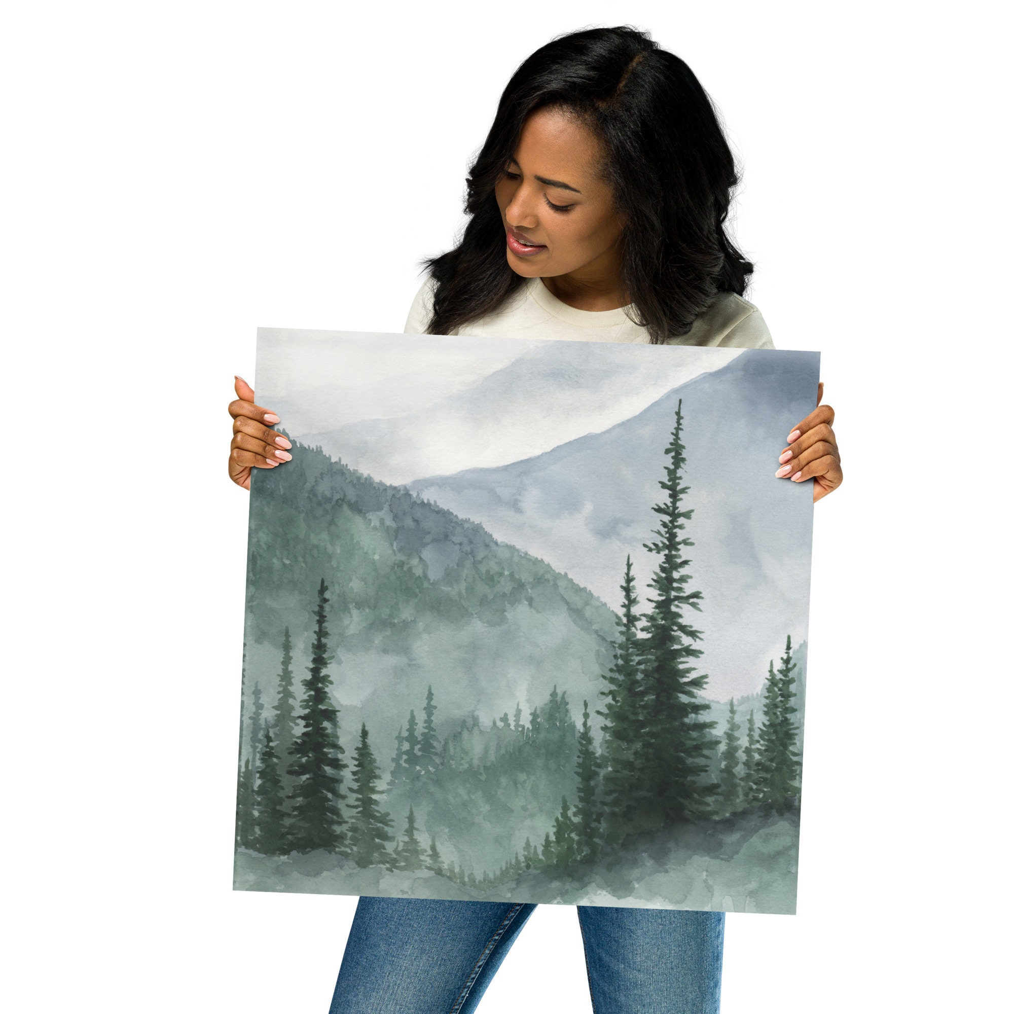 Mountain Forest Art Print Evergreen Trees Watercolor Painting Pine ...
