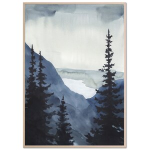 May include: A watercolor painting of a mountain landscape with a lake in the distance. The painting is done in shades of blue and gray, with a few trees silhouetted against the sky.
