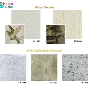 May include: A collage of six different textures, including wicker, cork, and silver. The textures are labeled with their corresponding product codes: SH 1010, SH 1004, SH 1018, SH 1021, and SH 1025.