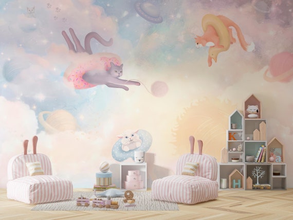 Whimsical Space Cats, Cute Paws Wallpaper, Soft Dreamy Watercolor Nursery and Kids Room Wall Mural,  Peel and Stick, Polyester, Non Woven