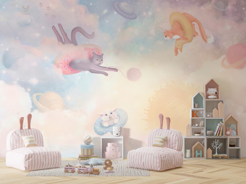 Cats on space with lifebuoy. Playing with ball of yarn. Soft colored sky with cute little paw. Perfect for kids room and for your nursery.