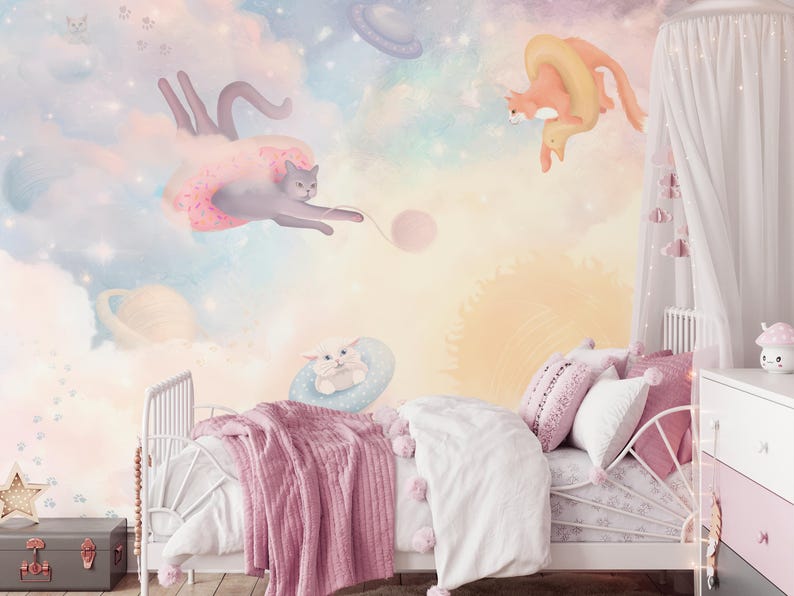 May include: A pastel pink, blue, and yellow children's bedroom with a white canopy bed. The wall is decorated with a mural of cats and a sun. The mural features a cat riding a donut, a cat riding a ring, and a cat playing with a ball of yarn.