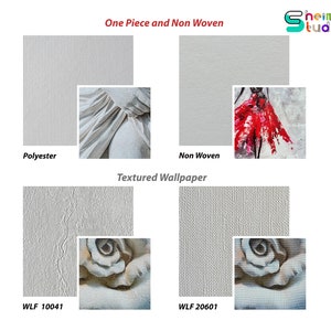 May include: Two samples of wallpaper, one with a polyester finish and one with a non-woven finish. The polyester sample has a textured surface and the non-woven sample has a smooth surface. The image also shows two close-up images of textured wallpaper with a rose design.