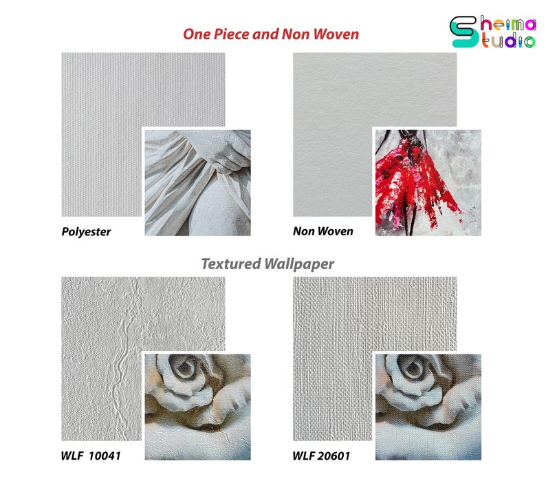 May include: Two samples of wallpaper, one with a polyester finish and one with a non-woven finish. The polyester sample has a textured surface and the non-woven sample has a smooth surface. The image also shows two close-up images of textured wallpaper with a rose design.