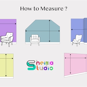 May include: Diagram showing how to measure a wall for wallpaper. The diagram shows four different wall shapes, including a wall with a door, a wall with a sloped ceiling, a wall with a corner, and a straight wall. The diagram includes arrows showing how to measure the height and width of the wall.