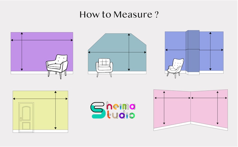 May include: Diagram showing how to measure a wall for wallpaper. The diagram shows four different wall shapes, including a wall with a door, a wall with a sloped ceiling, a wall with a corner, and a straight wall. The diagram includes arrows showing how to measure the height and width of the wall.