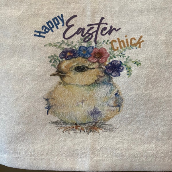 Kitchen Towel, "Happy Easter Chick", White Flour Sack Cotton towel, 27x27 inches, print of ColorPencil artwork original, centered on edge