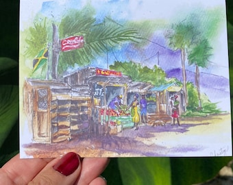 Watercolor print on postcard of Jamaican Market, 5 cards in 1 set