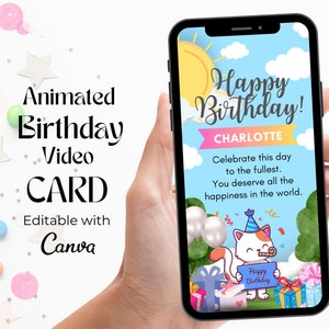 Carte vidéo animée de joyeux anniversaire avec un chat, carte virtuelle de voeux d'anniversaire numérique, carte d'anniversaire électronique pour enfants, vidéo mobile d'anniversaire à éditer soi-même