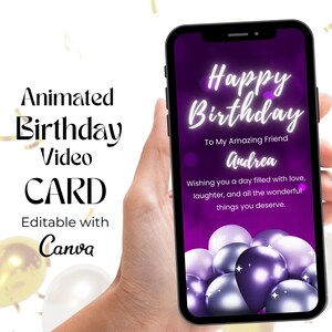 Glitter Happy Birthday Video Card, Digital Birthday Greeting Video, Editable Sister Birthday Mobile Card, Purple Balloons Birthday Template