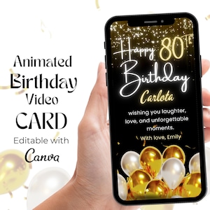 Digital 80th Birthday Card, Animated 80th Happy Birthday Video, Paperless Card, Glitter Happy Birthday Mobile Card, Electronic Birthday Card