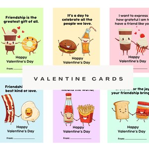 Essen Valentinstag Karten, 6 druckbare Valentinstag Karten, digitale Valentinstag Karten zum Thema Lebensmittel, lustige Valentinstag Karten Set