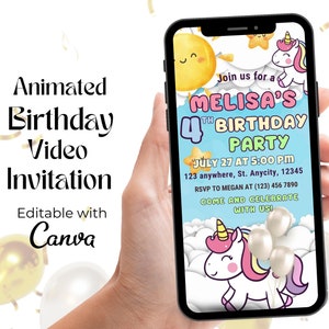 Convite de vídeo de aniversário de unicórnio, convite de vídeo de festa de unicórnio editável, convite de festa de unicórnio arco-íris, convite de vídeo de aniversário de unicórnio digital