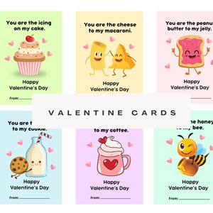Essen Valentinstag Karten, 6 druckbare Valentinstag Karten, digitale Valentinstag Karten zum Thema Lebensmittel, lustige Valentinstag Karten Set