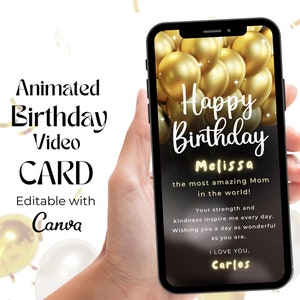 Glitter Happy Birthday Video Card, Digital Mom Birthday Greeting Video, Editable Birthday Mobile Card, Gold Balloons Birthday Template