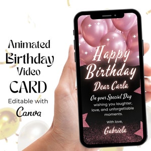 Glitter Happy Birthday Video Card, Digital Birthday Greeting Video, Editable Sister Birthday Mobile Card, Pink Balloons Birthday Template
