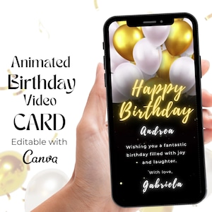 Glitter Happy Birthday Video Card, Digital Greeting Birthday Video, Editable Birthday Mobile Card, Gold balloons Happy Birthday Template