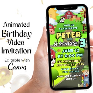 Farm Animals Birthday Video Invitation: Animated Party Invite (Canva Editable)