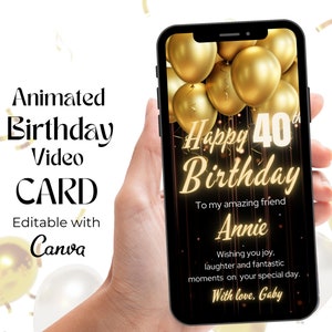 Digital 40th Birthday Card, Animated 40th Happy Birthday Video, Glitter 40th Happy Birthday Mobile Card, Electronic Forty Birthday Card
