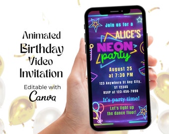 Neon-Geburtstags-Party-Video-Einladung: Bearbeitbare animierte Vorlage (Canva)
