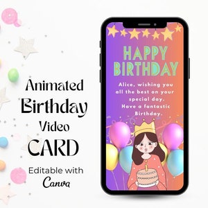 Animated Happy Birthday Video Card, Digital Birthday Card, Paperless Card, Editable Birthday Video Card, Digital Birthday Greeting Card