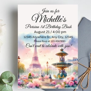 Invitación para primer cumpleaños en París: Torre Eiffel con flores rosas (plantilla editable)