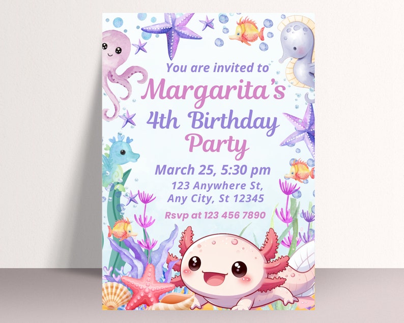 Axolotl Birthday Party Invitation Cards For Kids, 20 Seychelles