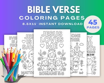May include: A collection of Bible verse coloring pages with the text "BIBLE VERSE COLORING PAGES" and "8.5x11" INSTANT DOWNLOAD". The pages feature line art illustrations and the text "JESUS LOVES ME" and "ROMANS 5:8". A cup of colored pencils is in the foreground.