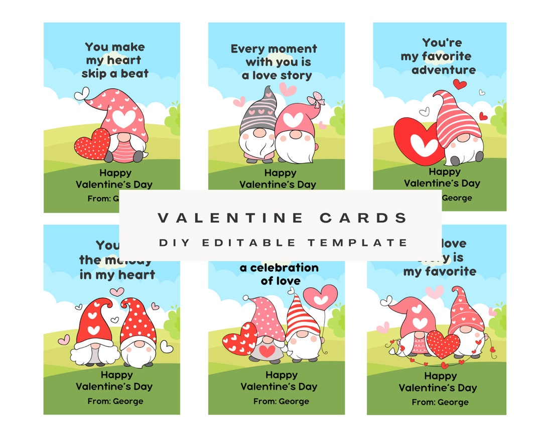 Gnome Valentine's Day Cards: Printable, Editable (digital Download) - Etsy