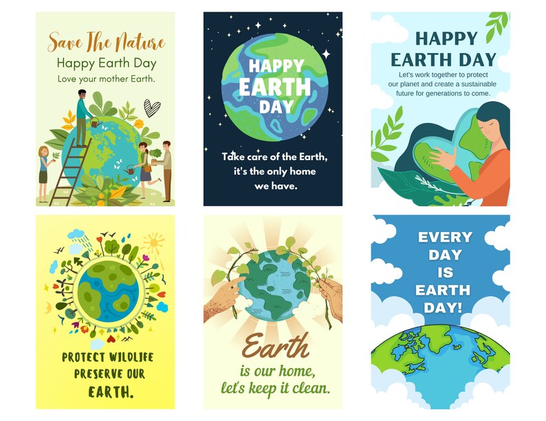 12 Happy Earth Day Printable Cards, Earth Day Cards Set, Cards for ...