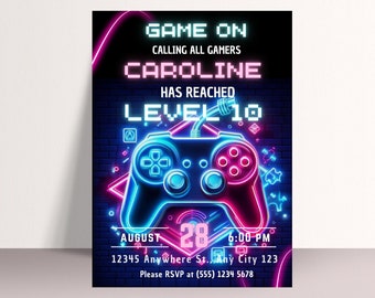 Video Game Birthday Party Invitation: Neon Gamer (Editable Invite)