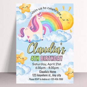 Convite de aniversário de unicórnio, convite de unicórnio editável, convite de festa de unicórnio para impressão, modelo de convite de festa de aniversário de 4 anos de unicórnio fofo