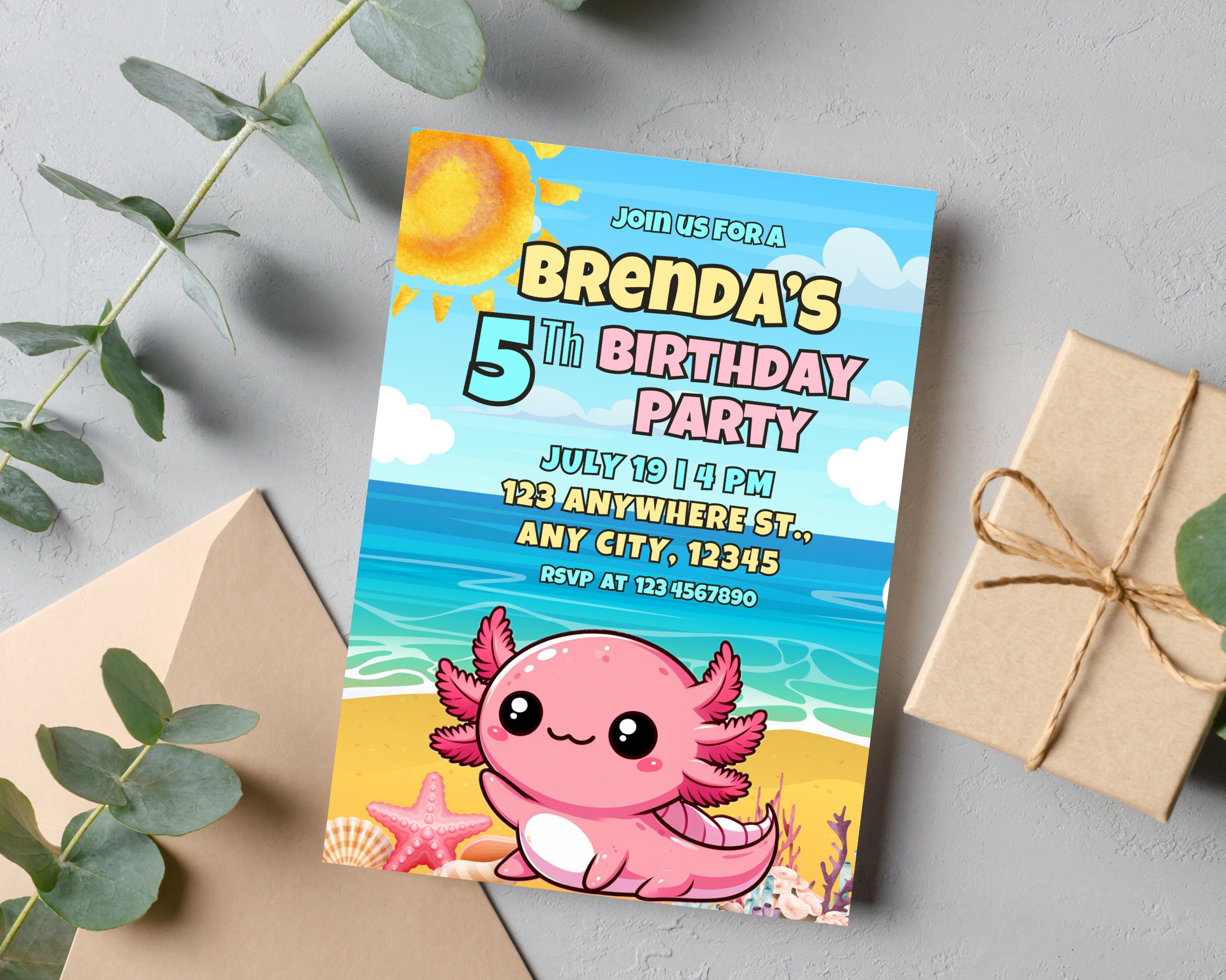 Axolotl Birthday Invitation, Editable Axolotl Birthday Invitation ...