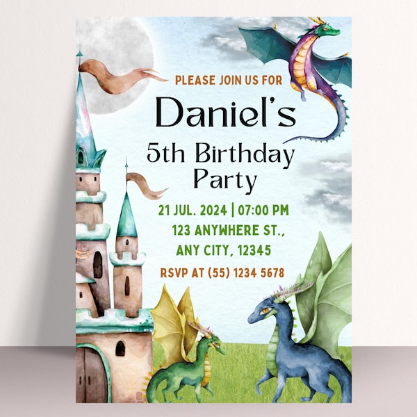 Invitación de cumpleaños de dragón editable: Plantilla de fiesta en el castillo (digital)