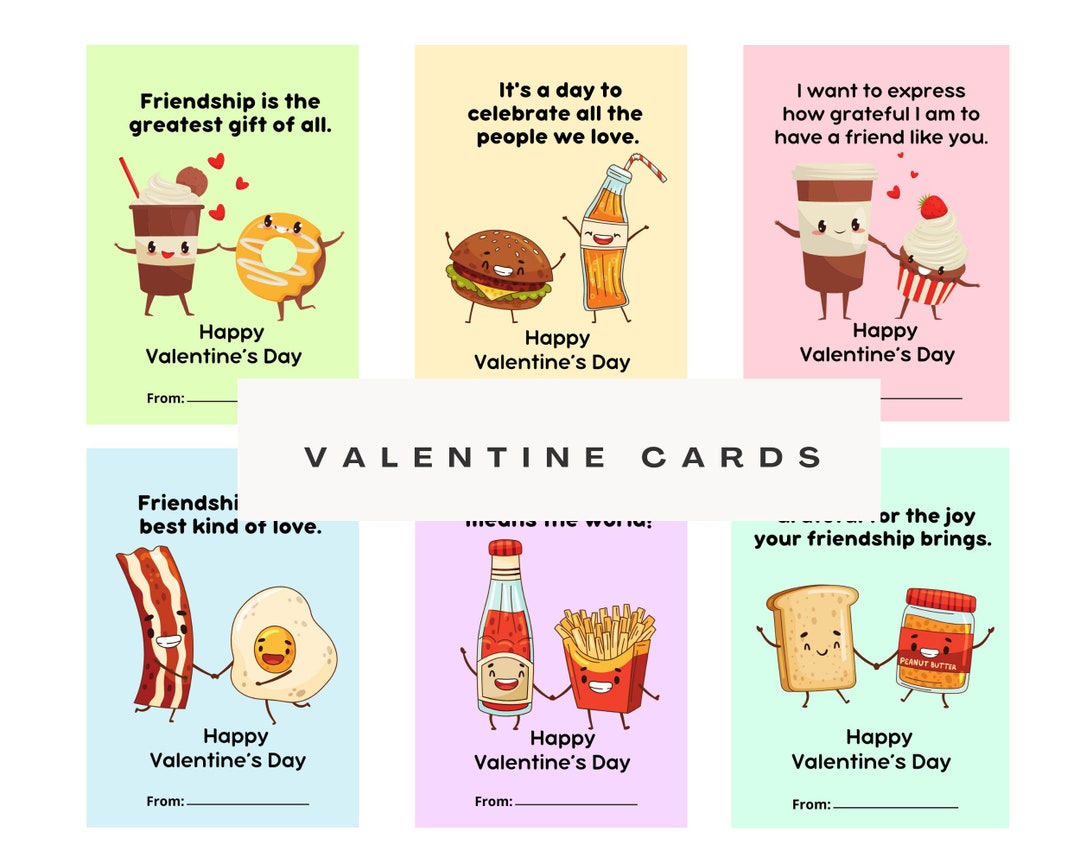 Food Valentine's Day Cards, 6 Printable Food Valentines Cards, Digital ...