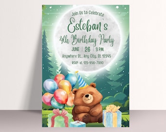May include: A green and blue birthday invitation with a watercolor illustration of a brown bear holding balloons and presents. The invitation says "Join Us to Celebrate Esteban's 4th Birthday Party" with the date and time of the party.