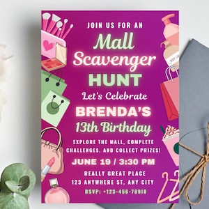 Mall Scavenger Hunt Invitation, Editable Girls Mall Scavenger Hunt Birthday Invite, Tween Teen Birthday Party Invite, Canva Print Design