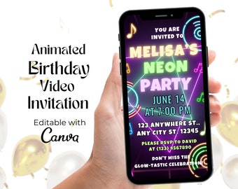 Neon-Geburtstags-Party-Video-Einladung: Bearbeitbare animierte Vorlage (Canva)