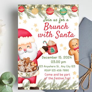 May include: A festive invitation to a brunch with Santa. The invitation features a cartoon Santa Claus holding a plate of gingerbread cookies, a gingerbread man, and a cup of hot chocolate. The text reads "Join us for a Brunch with Santa", "December 15, 2024, 03:00 pm", "123 Anywhere St., Any City 123", "RSVP 123-456-7890", and "Come and be part of the festive fun!"