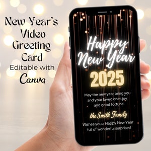 Frohes neues Jahr Videokarte, animierte Neujahrsgruß Videokarte, 2025 Neujahrsvideo mit Feuerwerk, bearbeitbare Neujahrswunschkarte