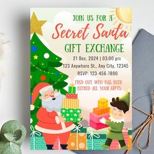 Secret Santa Christmas Party Invitation, Printable Gift Exchange Christmas Party Invite, Editable White Elephant Exchange Christmas Invite