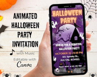 May include: Animated Halloween party invitation on a smartphone screen with a purple background, a spooky house, bats, ghosts, and spiders. The text reads "Halloween Party" and "Join us for a frightful Halloween Party". The date and time are October 31, 9:00 PM. The address is 321 Spooky St., Any City, St 54321. The invitation also includes a phone number to RSVP: 123-456 7890.