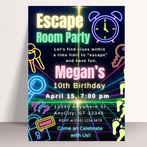 Escape Room Birthday Invitation, Editable Escape Room Birthday Party Invitation, Escape Room Party Invite for Girls and Boys, Neon Invite