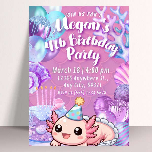 Invito festa di compleanno di Axolotl, modello modificabile di festa di compleanno di Axolotl, invito Axolotl ragazza rosa digitale, invito Axolotl bambino stampabile