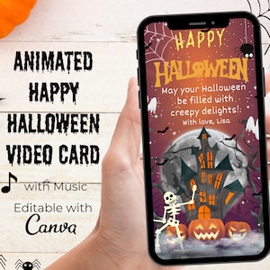 Scheda video scheletro animato, scheda digitale di auguri di Halloween, modello modificabile Happy Halloween con musica, scheda elettronica di Halloween
