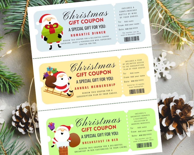 Printable Christmas Gift Vouchers Template, Editable Christmas Coupons