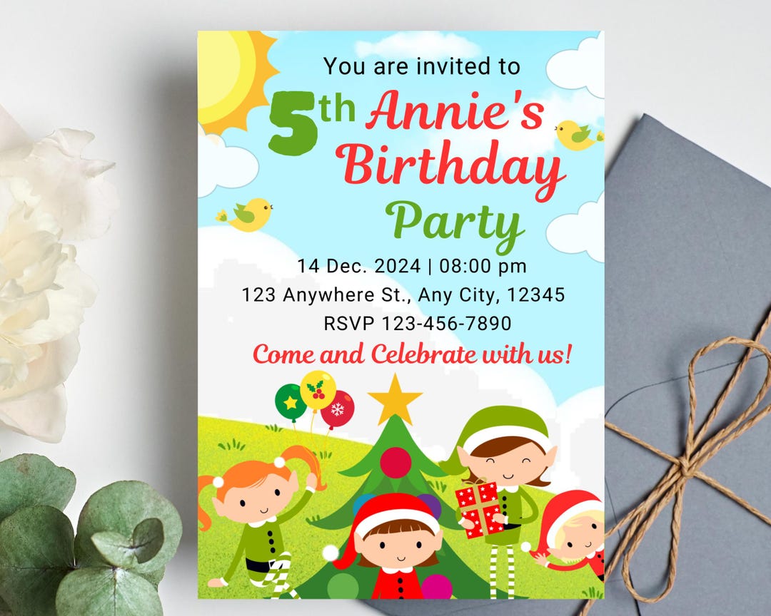 Elf Christmas Birthday Party Invitation: Printable Kids Invite ...