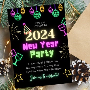 Invitation fête du nouvel an néon, modèle d'invitation imprimable pour le réveillon du nouvel an 2024, e-mail de fête du nouvel an 2024, invitation modifiable au néon